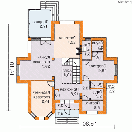 N-241-2P проект двухэтажного дома из пеноблоков с мансардой размером 14 на 15  - 1-й этаж
