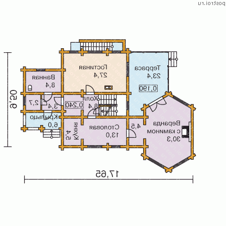 N-246-1D проект двухэтажного деревянного дома из бревна с цоколем и мансардой размером 10 на 18 - 1-й этаж