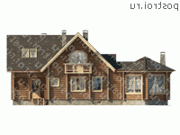 N-246-1D проект двухэтажного деревянного дома из бревна с цоколем и мансардой размером 10 на 18 - вид спереди