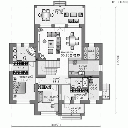 N-250-1P проект двухэтажного коттеджа из пеноблоков размером 14 на 17  - 1-й этаж
