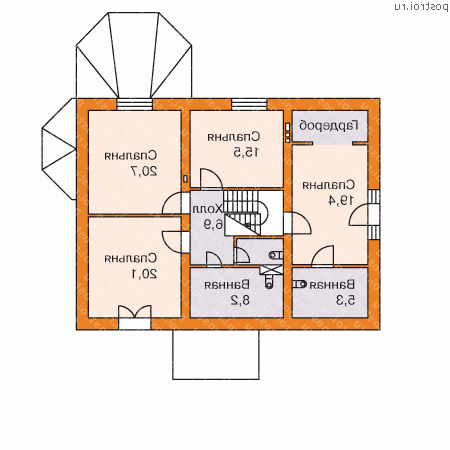 N-253-1P проект двухэтажного дома из газобетона с гаражом размером 10 на 13 - 2-й этаж N-253-1P проект двухэтажного дома из газобетона с гаражом размером 10 на 13 - 2-й этаж