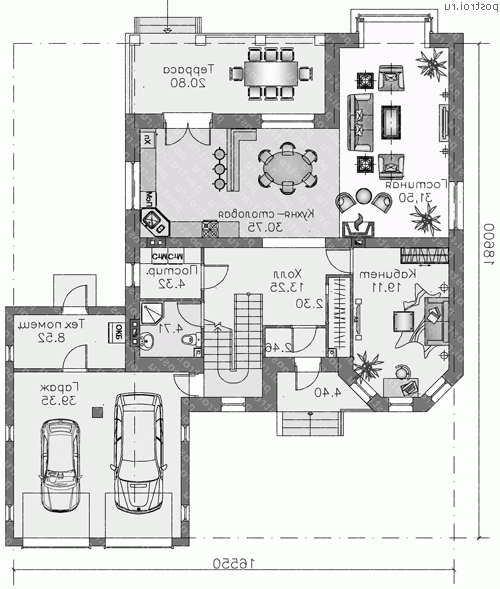N-260-1P проект двухэтажного дома из пеноблоков с гаражом размером 19 на 17  - 1-й этаж