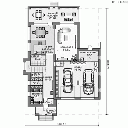 N-276-1P проект двухэтажного дома из пеноблоков с гаражом размером 14 на 20  - 1-й этаж
