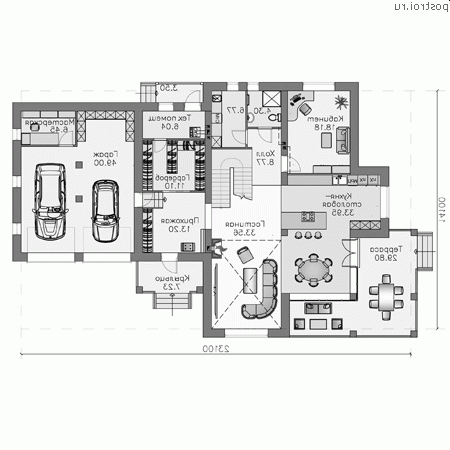 N-310-1P проект двухэтажного дома из пенобетона с гаражом размером 23 на 14  - 1-й этаж