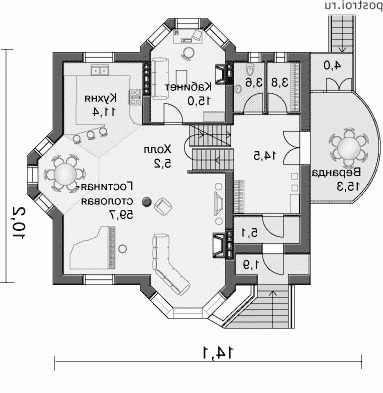 N-320-1P проект двухэтажного дома из пенобетона с цоколем и гаражом размером 10 на 14 - 1-й этаж N-320-1P проект двухэтажного дома из пенобетона с цоколем и гаражом размером 10 на 14 - 1-й этаж