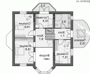 N-320-1P проект двухэтажного дома из пенобетона с цоколем и гаражом размером 10 на 14 - 2-й этаж N-320-1P проект двухэтажного дома из пенобетона с цоколем и гаражом размером 10 на 14 - 2-й этаж
