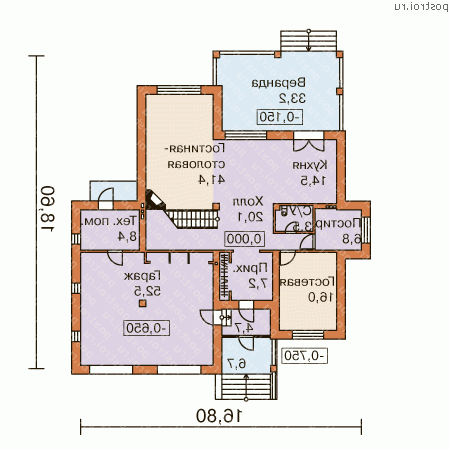 N-334-1K проект двухэтажного дома из кирпича с гаражом размером 19 на 17  - 1-й этаж