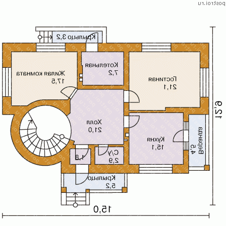 O-175-1K проект двухэтажного дома из кирпича размером 13 на 15  - 1-й этаж