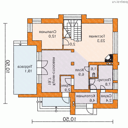 O-203-1K проект двухэтажного дома из кирпича размером 11 на 11 - 1-й этаж O-203-1K проект двухэтажного дома из кирпича размером 11 на 11 - 1-й этаж