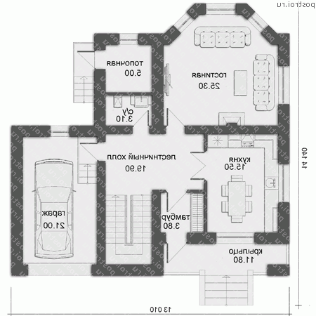 O-204-1K проект одноэтажного дома из кирпича с мансардой и гаражом размером 14 на 13  - 1-й этаж