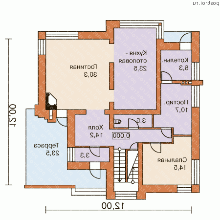 O-221-1K проект двухэтажного коттеджа из кирпича размером 14 на 14  - 1-й этаж