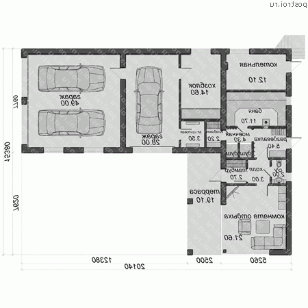 O-229-1K проект одноэтажной бани из кирпича с мансардой и гаражом размером 20 на 15  - 1-й этаж