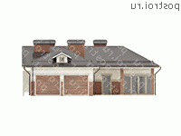 O-229-1K проект одноэтажной бани из кирпича с мансардой и гаражом размером 20 на 15  - вид спереди