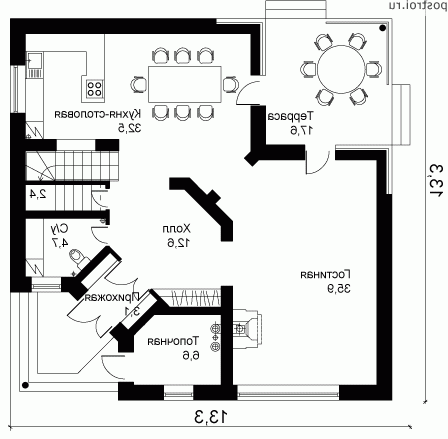 O-231-1K проект двухэтажного коттеджа из кирпича с мансардой размером 12 на 12  - 1-й этаж