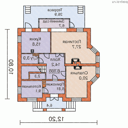 O-249-1K проект двухэтажного дома из кирпича размером 12 на 13  - 1-й этаж
