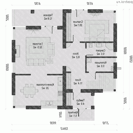 O-252-1K проект двухэтажного коттеджа из кирпича размером 12 на 13  - 1-й этаж