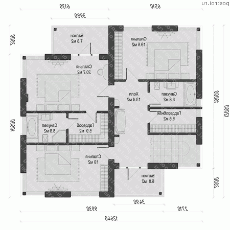 O-252-1K проект двухэтажного коттеджа из кирпича размером 12 на 13  - 2-й этаж