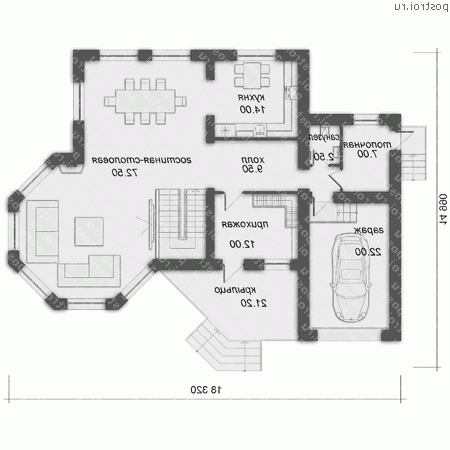 O-265-1K проект одноэтажного дома из кирпича с мансардой и гаражом размером 18 на 15  - 1-й этаж