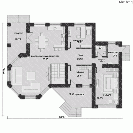 O-336-1K проект одноэтажного дома из кирпича с мансардой размером 18 на 15  - 1-й этаж
