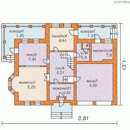 O-349-1K проект двухэтажного коттеджа из кирпича с мансардой и гаражом размером 13 на 19  - 1-й этаж