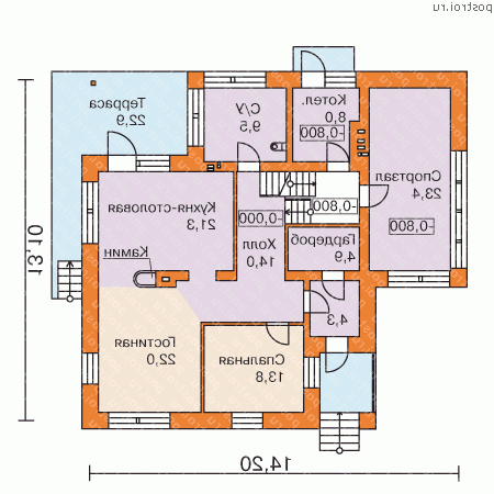 O-353-1K проект двухэтажного коттеджа из кирпича с мансардой размером 13 на 14  - 1-й этаж