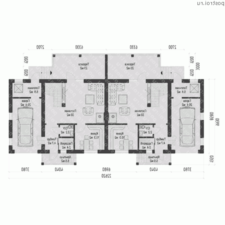 O-416-1K проект двухэтажного дома из кирпича с мансардой и гаражом размером 23 на 10 - 1-й этаж