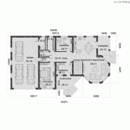 O-438-1K проект одноэтажного дома из кирпича с мансардой и гаражом размером 26 на 13  - 1-й этаж