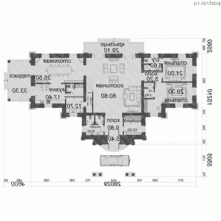 O-860-1K проект двухэтажного дома из кирпича с мансардой и гаражом размером 28 на 23 - 1-й этаж O-860-1K проект двухэтажного дома из кирпича с мансардой и гаражом размером 28 на 23 - 1-й этаж
