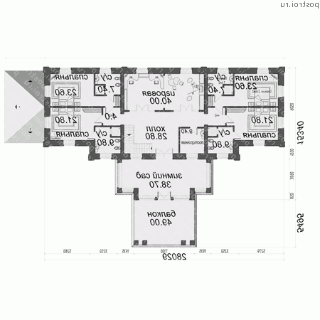 O-860-1K проект двухэтажного дома из кирпича с мансардой и гаражом размером 28 на 23 - 2-й этаж O-860-1K проект двухэтажного дома из кирпича с мансардой и гаражом размером 28 на 23 - 2-й этаж