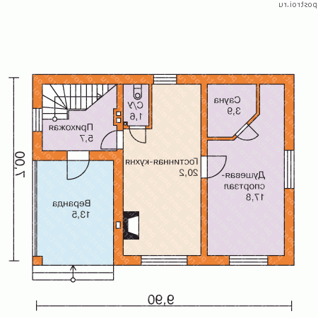 P-076-1P проект одноэтажной бани из пеноблока с мансардой размером 7 на 10  - 1-й этаж