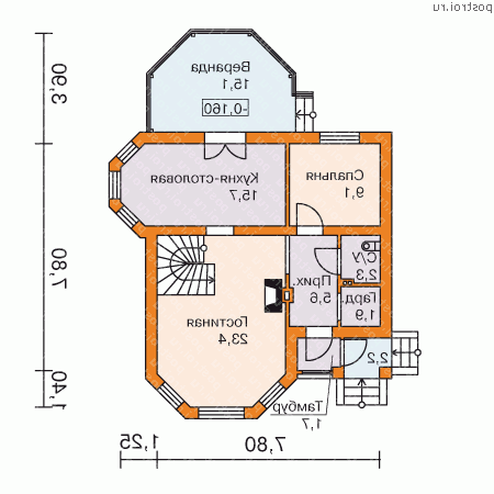 P-100-1P проект двухэтажного коттеджа из пенобетона размером 14 на 11  - 1-й этаж