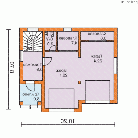 P-127-1P проект одноэтажного коттеджа из газобетона с мансардой и гаражом размером 9 на 10 - 1-й этаж