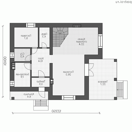 P-174-1P проект двухэтажного дома из пеноблоков размером 12 на 10  - 1-й этаж