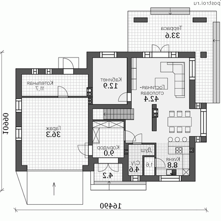 P-194-1P проект двухэтажного коттеджа из пенобетона с гаражом размером 16 на 11  - 1-й этаж