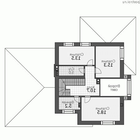 P-194-1P проект двухэтажного коттеджа из пенобетона с гаражом размером 16 на 11  - 2-й этаж
