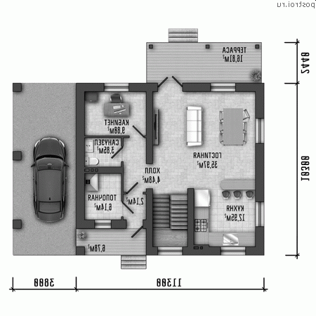 Q-148-1P проект двухэтажного дома из газобетона с гаражом размером 15 на 13 - 1-й этаж Q-148-1P проект двухэтажного дома из газобетона с гаражом размером 15 на 13 - 1-й этаж