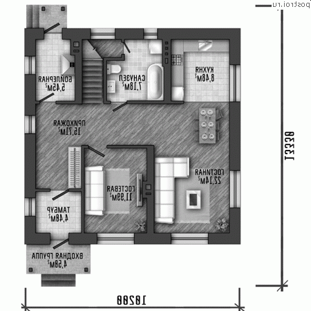 Q-152-1P проект двухэтажного коттеджа из пеноблоков размером 10 на 13 - 1-й этаж