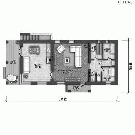 Q-153-1K проект одноэтажной бани из кирпича с цоколем размером 21 на 11 - 1-й этаж