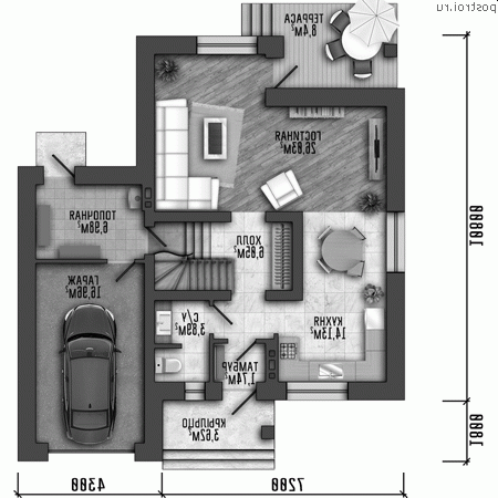 Q-163-1P проект одноэтажного дома из пеноблоков с мансардой и гаражом размером 12 на 11 - 1-й этаж Q-163-1P проект одноэтажного дома из пеноблоков с мансардой и гаражом размером 12 на 11 - 1-й этаж