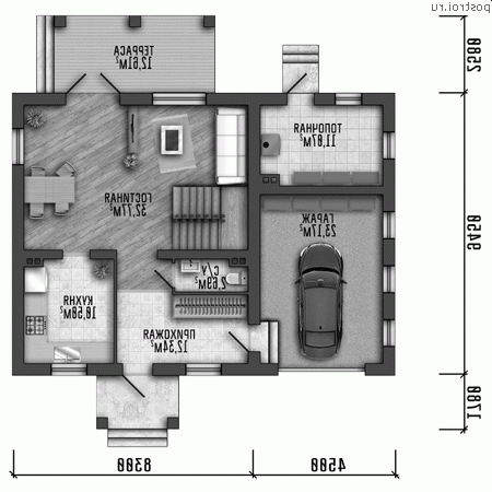 Q-164-1P проект двухэтажного дома из пеноблоков с гаражом размером 13 на 9 - 1-й этаж
