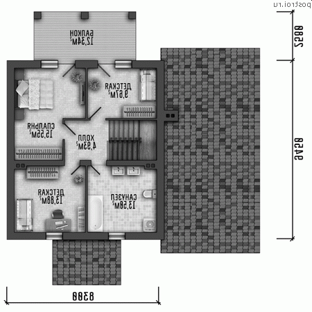 Q-164-1P проект двухэтажного дома из пеноблоков с гаражом размером 13 на 9 - 2-й этаж