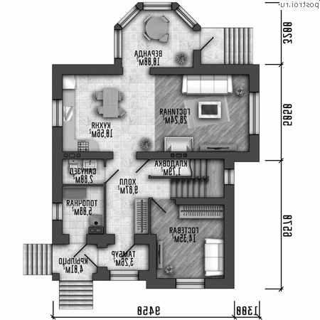 Q-165-1P проект двухэтажного дома из пеноблоков размером 11 на 15 - 1-й этаж