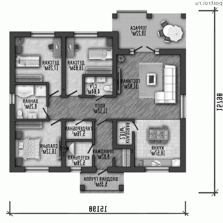 Q-166-1P проект одноэтажного дома из пеноблоков размером 15 на 16 - 1-й этаж Q-166-1P проект одноэтажного дома из пеноблоков размером 15 на 16 - 1-й этаж