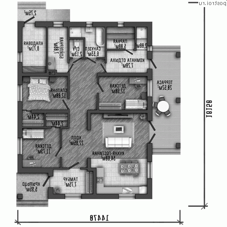 Q-174-1P проект одноэтажного дома из пеноблоков размером 18 на 14 - 1-й этаж