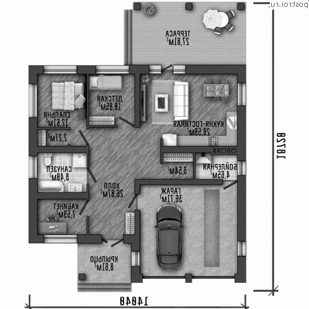 Q-177-1P проект одноэтажного дома из пеноблоков с гаражом размером 14 на 19 - 1-й этаж