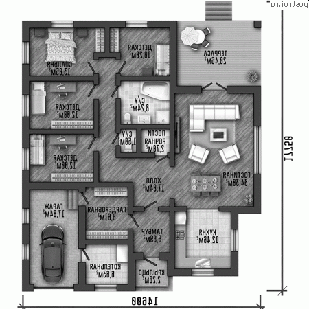 Q-185-1P проект одноэтажного дома из пеноблоков с гаражом размером 15 на 18 - 1-й этаж Q-185-1P проект одноэтажного дома из пеноблоков с гаражом размером 15 на 18 - 1-й этаж