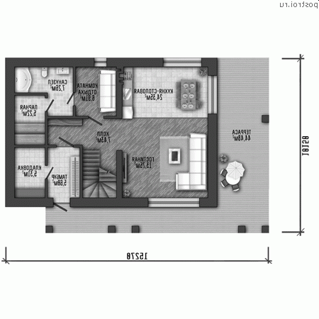 Q-195-2P проект двухэтажного коттеджа из пенобетона размером 15 на 10 - 1-й этаж