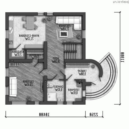 Q-199-1P проект двухэтажного коттеджа из пенобетона размером 13 на 12 - 1-й этаж