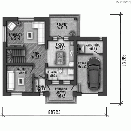 Q-203-1P проект двухэтажного дома из пенобетона с гаражом размером 16 на 14 - 1-й этаж