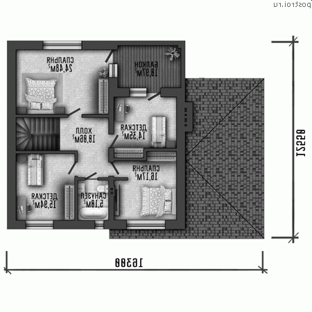 Q-203-1P проект двухэтажного дома из пенобетона с гаражом размером 16 на 14 - 2-й этаж